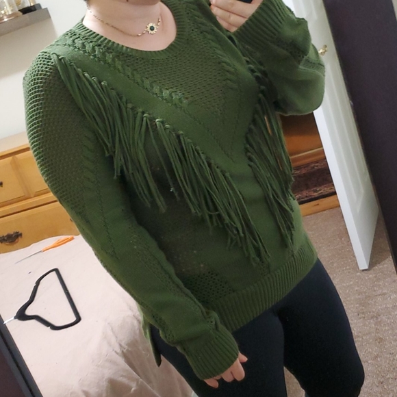 Kate & Mallory Sweaters - Kate & Mallory Fringe Crochet Sweater Olive Green